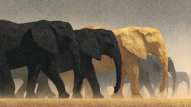 Majestic Elephants Marching Across a Dusty Plain