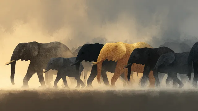 Golden Leader: A Silhouette of Marching Elephants
