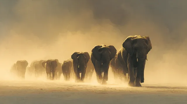 Majestic Elephants Marching Across the Dusty Plains