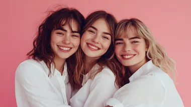 three beautiful women of European appearance hug and smile on a pink background. Several ladies in white shirts. Female friendship. High quality photo