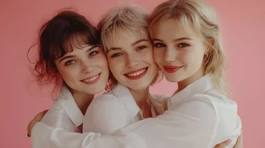three beautiful women of European appearance hug and smile on a pink background. Several ladies in white shirts. Female friendship. High quality photo