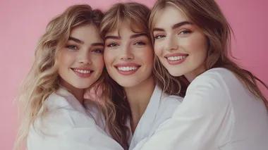 three beautiful women of European appearance hug and smile on a pink background. Several ladies in white shirts. Female friendship. High quality photo