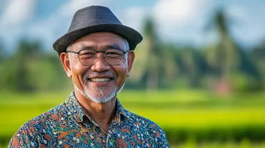 Portrait of a smiling middle-aged Indonesian man, a farmer in a rice field, with a blue sky and green grass background. Shot with a Nikon D850 and a 24-70mm f/2.8 lens, using a wide aperture setting of f/9. The soft, natural light creates a warm atmosphere that enhances his joyful expression, showcasing vibrant colors and textures. High-resolution photo.