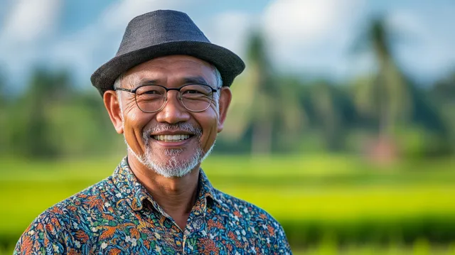 Joyful Farmer in a Lush Rice Field Under Blue Skies