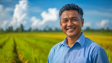 Portrait of a smiling middle-aged Indonesian man, a farmer in a rice field, with a blue sky and green grass background. Shot with a Nikon D850 and a 24-70mm f/2.8 lens, using a wide aperture setting of f/9. The soft, natural light creates a warm atmosphere that enhances his joyful expression, showcasing vibrant colors and textures. High-resolution photo.