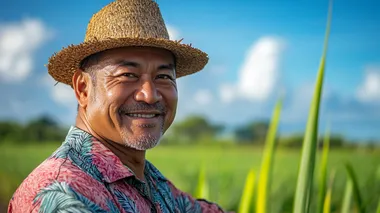 Portrait of a smiling middle-aged Indonesian man, a farmer in a rice field, with a blue sky and green grass background. Shot with a Nikon D850 and a 24-70mm f/2.8 lens, using a wide aperture setting of f/9. The soft, natural light creates a warm atmosphere that enhances his joyful expression, showcasing vibrant colors and textures. High-resolution photo.