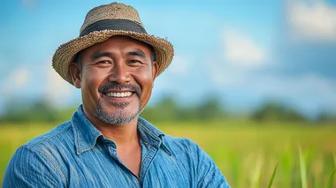 Portrait of a smiling middle-aged Indonesian man, a farmer in a rice field, with a blue sky and green grass background. Shot with a Nikon D850 and a 24-70mm f/2.8 lens, using a wide aperture setting of f/9. The soft, natural light creates a warm atmosphere that enhances his joyful expression, showcasing vibrant colors and textures. High-resolution photo.