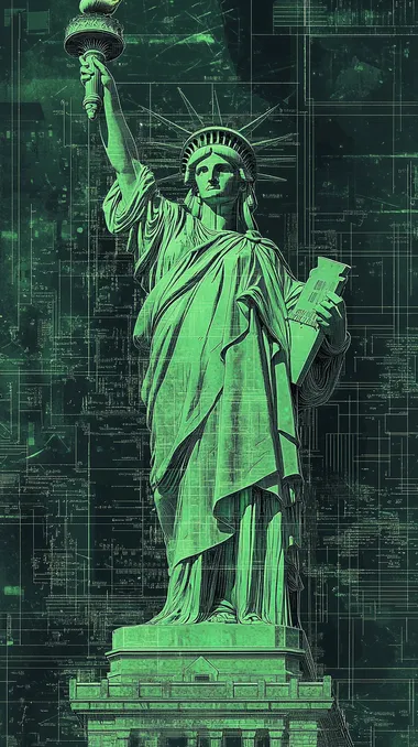 des dessins en ligne verte de fabrication de la statue de la libert amricain, plan de fabrication informatique, raliste, style HUD, pixel, screen, matrix style