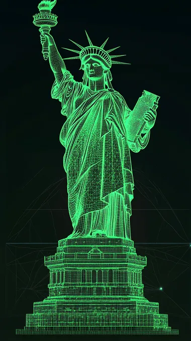 des dessins en ligne verte de fabrication de la statue de la libert amricain, plan de fabrication informatique, raliste, style HUD, pixel, screen, matrix style