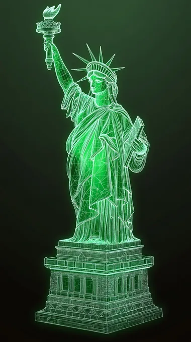 des dessins en ligne verte de fabrication de la statue de la libert amricain, plan de fabrication informatique, raliste, style HUD, pixel, screen, matrix style
