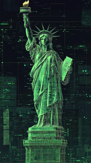 des dessins en ligne verte de fabrication de la statue de la libert amricain, plan de fabrication informatique, raliste, style HUD, pixel, screen, matrix style