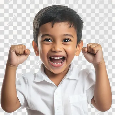 Realistic photo, filipino child age 5-10 wearing white shirt super happy and exagerated and proud and ready to fight, white BG