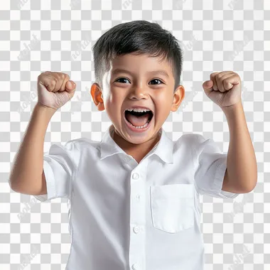 Realistic photo, filipino child age 5-10 wearing white shirt super happy and exagerated and proud and ready to fight, white BG