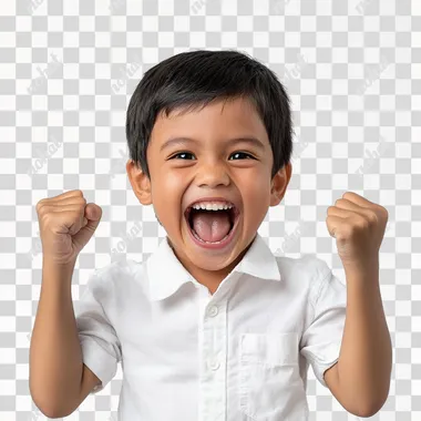 Realistic photo, filipino child age 5-10 wearing white shirt super happy and exagerated and proud and ready to fight, white BG