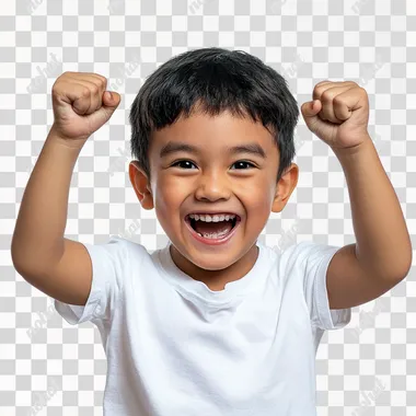 Realistic photo, filipino child age 5-10 wearing white shirt super happy and exagerated and proud and ready to fight, white BG