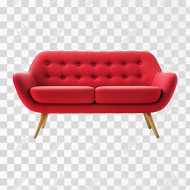 Modern red sofa with wooden legs, isolated on a white background, with no shadow, reflection or gradient shading  --s 50