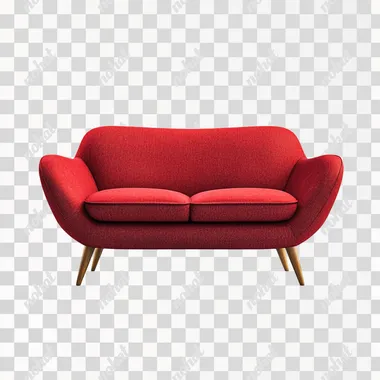 Modern red sofa with wooden legs, isolated on a white background, with no shadow, reflection or gradient shading  --s 50