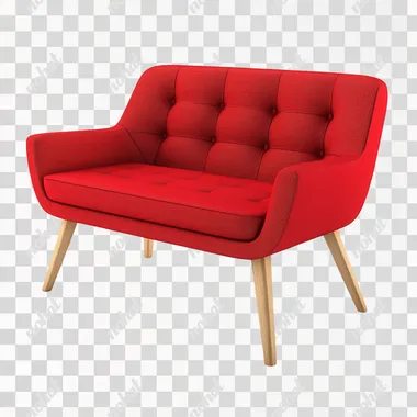 Modern red sofa with wooden legs, isolated on a white background, with no shadow, reflection or gradient shading  --s 50