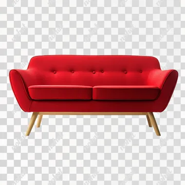 Modern red sofa with wooden legs, isolated on a white background, with no shadow, reflection or gradient shading  --s 50