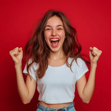 Hyperrealistic image of young woman excited with happiness, isolated on colored background, studio image and lighting