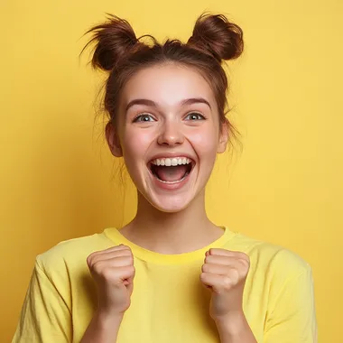 Hyperrealistic image of young woman excited with happiness, isolated on colored background, studio image and lighting