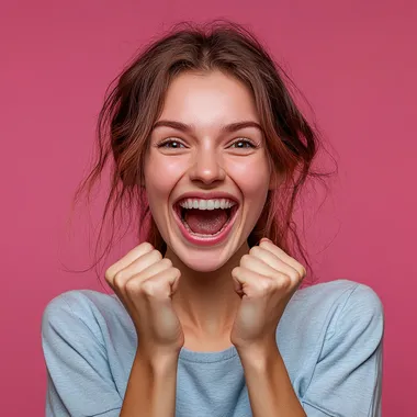 Hyperrealistic image of young woman excited with happiness, isolated on colored background, studio image and lighting