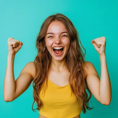 Hyperrealistic image of young woman excited with happiness, isolated on colored background, studio image and lighting