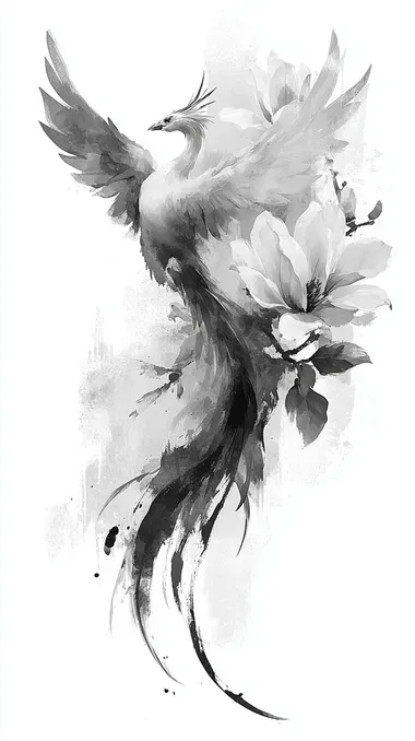 A graceful phoenix rising upward with flowing tail feathers that curve and spiral organically, covering the nape area, rendered in black and white sumi-e ink wash and detailed pencil style. Its wings are softly spread, one partially extended over the neck, while the tail feathers curl downward and overlap an old tattoo mark with bold, smoky strokes. The birds form is elegant and spiritual, with subtle motion and layered textures. Large blooming magnolia flowers accompany the design, merging with parts of the feathers. The ink work includes some soft mist and negative space to keep the design breathable. Vertical layout, no background clutter, designed for tattoo cover-up on the nape of the neck.   --s 250  ujppbon --raw