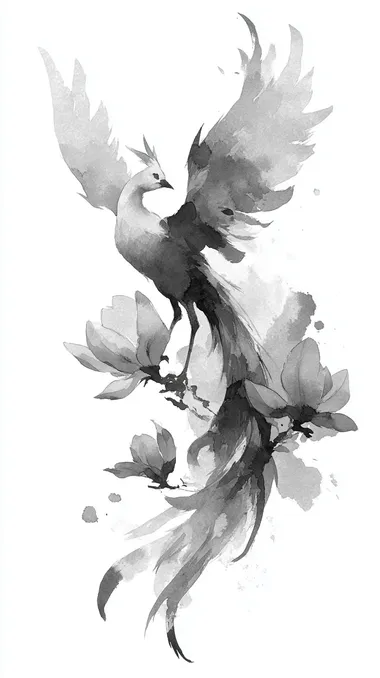 A graceful phoenix rising upward with flowing tail feathers that curve and spiral organically, covering the nape area, rendered in black and white sumi-e ink wash and detailed pencil style. Its wings are softly spread, one partially extended over the neck, while the tail feathers curl downward and overlap an old tattoo mark with bold, smoky strokes. The birds form is elegant and spiritual, with subtle motion and layered textures. Large blooming magnolia flowers accompany the design, merging with parts of the feathers. The ink work includes some soft mist and negative space to keep the design breathable. Vertical layout, no background clutter, designed for tattoo cover-up on the nape of the neck.   --s 250  ujppbon --raw