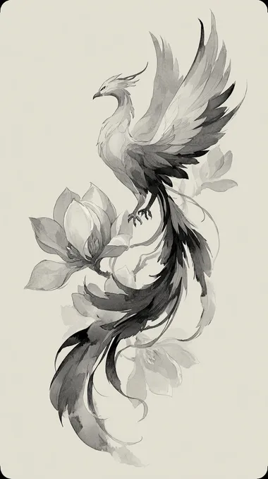 A graceful phoenix rising upward with flowing tail feathers that curve and spiral organically, covering the nape area, rendered in black and white sumi-e ink wash and detailed pencil style. Its wings are softly spread, one partially extended over the neck, while the tail feathers curl downward and overlap an old tattoo mark with bold, smoky strokes. The birds form is elegant and spiritual, with subtle motion and layered textures. Large blooming magnolia flowers accompany the design, merging with parts of the feathers. The ink work includes some soft mist and negative space to keep the design breathable. Vertical layout, no background clutter, designed for tattoo cover-up on the nape of the neck.   --s 250  ujppbon --raw