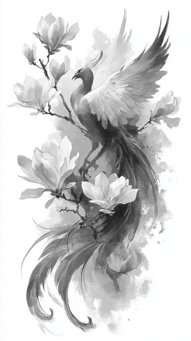 A graceful phoenix rising upward with flowing tail feathers that curve and spiral organically, covering the nape area, rendered in black and white sumi-e ink wash and detailed pencil style. Its wings are softly spread, one partially extended over the neck, while the tail feathers curl downward and overlap an old tattoo mark with bold, smoky strokes. The birds form is elegant and spiritual, with subtle motion and layered textures. Large blooming magnolia flowers accompany the design, merging with parts of the feathers. The ink work includes some soft mist and negative space to keep the design breathable. Vertical layout, no background clutter, designed for tattoo cover-up on the nape of the neck.   --s 250  ujppbon --raw