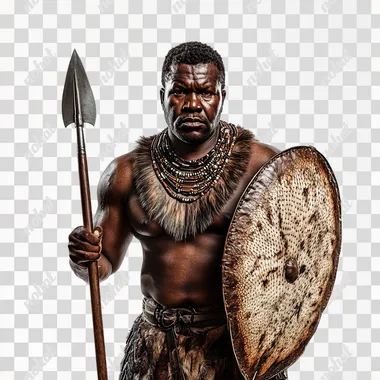 Create a powerful, photorealistic image of a fierce Zulu oficial warrior standing against a white background. He is holding a traditional short spear (iklwa) in one hand and a medium oval tribal handcrafted leather shield (isihlangu is an leaf shaped shaped) in the other. His face is stern and intense, prepared for battle. He wears traditional Zulu attire with animal skins and decorative beadwork. The focus is on his muscular physique and brave demeanor, as if ready to charge into war