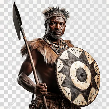 Create a powerful, photorealistic image of a fierce Zulu oficial warrior standing against a white background. He is holding a traditional short spear (iklwa) in one hand and a medium oval tribal handcrafted leather shield (isihlangu is an leaf shaped shaped) in the other. His face is stern and intense, prepared for battle. He wears traditional Zulu attire with animal skins and decorative beadwork. The focus is on his muscular physique and brave demeanor, as if ready to charge into war