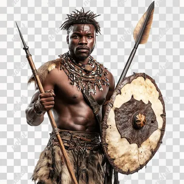 Create a powerful, photorealistic image of a fierce Zulu oficial warrior standing against a white background. He is holding a traditional short spear (iklwa) in one hand and a medium oval tribal handcrafted leather shield (isihlangu is an leaf shaped shaped) in the other. His face is stern and intense, prepared for battle. He wears traditional Zulu attire with animal skins and decorative beadwork. The focus is on his muscular physique and brave demeanor, as if ready to charge into war