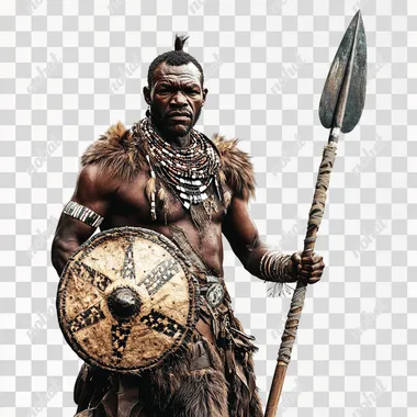 Create a powerful, photorealistic image of a fierce Zulu oficial warrior standing against a white background. He is holding a traditional short spear (iklwa) in one hand and a medium oval tribal handcrafted leather shield (isihlangu is an leaf shaped shaped) in the other. His face is stern and intense, prepared for battle. He wears traditional Zulu attire with animal skins and decorative beadwork. The focus is on his muscular physique and brave demeanor, as if ready to charge into war