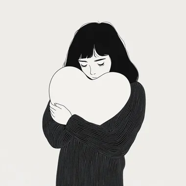 An extremely minimalist illustration where there are lines and contours and the lines of the face are not visible of a young woman standing hugging a large white heart-shaped object to her chest. She is wearing a sweater that contrasts with her dark hair that falls over her shoulders. With only the colors white for the background and black for the lines that draw her.