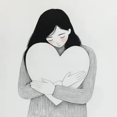 An extremely minimalist illustration where there are lines and contours and the lines of the face are not visible of a young woman standing hugging a large white heart-shaped object to her chest. She is wearing a sweater that contrasts with her dark hair that falls over her shoulders. With only the colors white for the background and black for the lines that draw her.