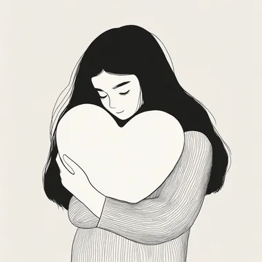 An extremely minimalist illustration where there are lines and contours and the lines of the face are not visible of a young woman standing hugging a large white heart-shaped object to her chest. She is wearing a sweater that contrasts with her dark hair that falls over her shoulders. With only the colors white for the background and black for the lines that draw her.