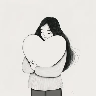 An extremely minimalist illustration where there are lines and contours and the lines of the face are not visible of a young woman standing hugging a large white heart-shaped object to her chest. She is wearing a sweater that contrasts with her dark hair that falls over her shoulders. With only the colors white for the background and black for the lines that draw her.