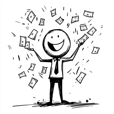 pen and ink, simple line drawing of a talented 20 years old businessman stick figure with lots of mojo and money in hand isolated white background
