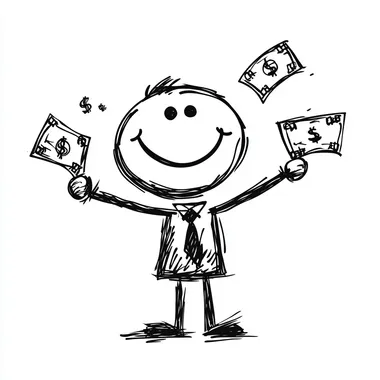 pen and ink, simple line drawing of a talented 20 years old businessman stick figure with lots of mojo and money in hand isolated white background