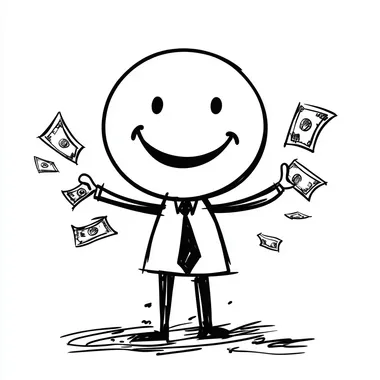pen and ink, simple line drawing of a talented 20 years old businessman stick figure with lots of mojo and money in hand isolated white background
