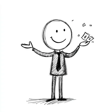 pen and ink, simple line drawing of a talented 20 years old businessman stick figure with lots of mojo and money in hand isolated white background