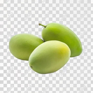 three realistic green mangoes touching each other, e-commerce studio lighting photography, white background