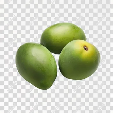 three realistic green mangoes touching each other, e-commerce studio lighting photography, white background