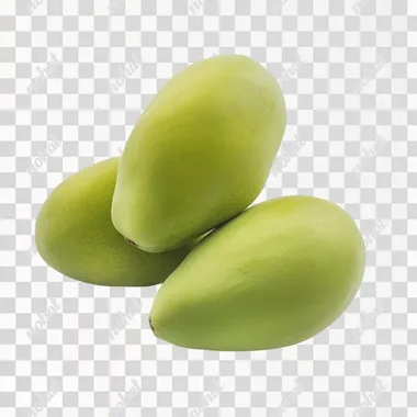 three realistic green mangoes touching each other, e-commerce studio lighting photography, white background