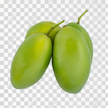 three realistic green mangoes touching each other, e-commerce studio lighting photography, white background