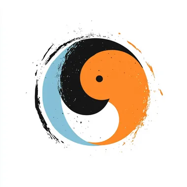 abstract minimalist yin and yang logo with the colors: light blue moon and orange sun with black and white
