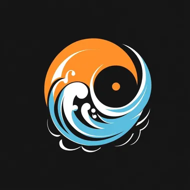 abstract minimalist yin and yang logo with the colors: light blue moon and orange sun with black and white