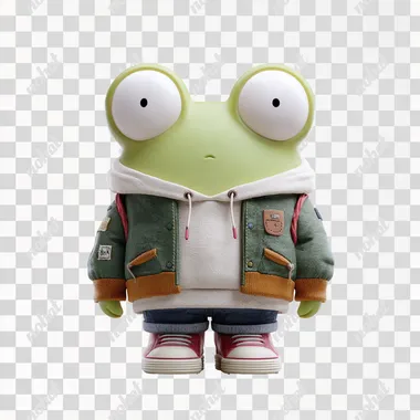 An anthropomorphic frog wearing a sweatshirt, looking stupid, round, with no highlights on the surface, on a transparent background, is depicted in the style of an anime character design by Akihiko Yoshida from Final Fantasy, surrounded by white space., Pixar style, simple, oc render , in by pop mart, hyper detail, 3d, blender, c4d, 8k